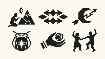 Fototapeta premium Black geometric tribal icons set with mountain, moon, drum, hand holding crystal, and dancing figures