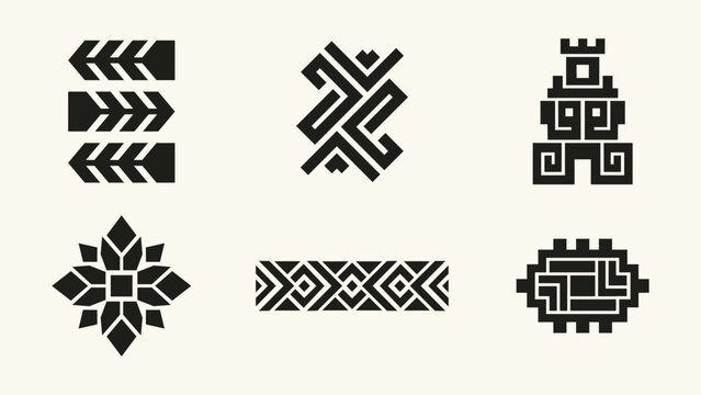 Set of black geometric ethnic tribal symbols and folk art patterns on beige background