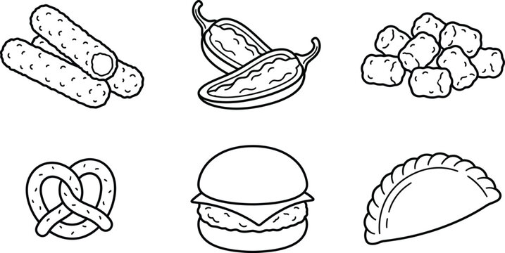 Set of popular fast food and snack items featuring minimalist black and white line art vector icons ideal for menu design mobile apps or unhealthy eating concepts