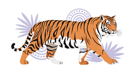 Obraz premium Majestic orange and black striped tiger walking with purpose against a decorative background with purple leaves and patterns.