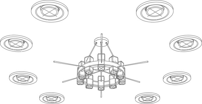 Technical of a spacecraft or satellite with solar panels and antennae, surrounded by circular details