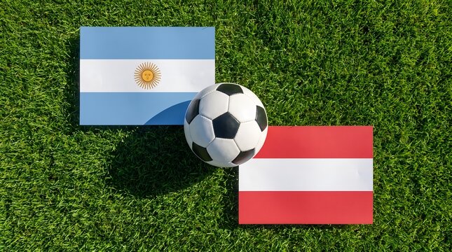 Argentina vs Austria, Football Match Concept with Soccer Ball and National Flags on Green Grass Pitch, Group J, 30 June 2026