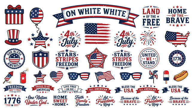 USA Independence Day flat icon set, 50 American patriotic symbols for 4th of July, red white and blue United States flag graphics for holiday design