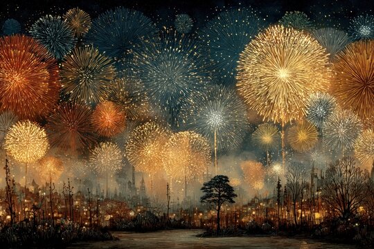 Vector illustration of golden fireworks for New Yeara??s Eve celebration
