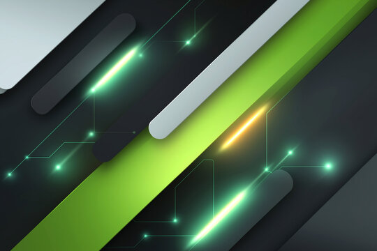 Abstract digital background with green and gray geometric shapes, glowing lines, and circuit-like patterns creating a modern technology design