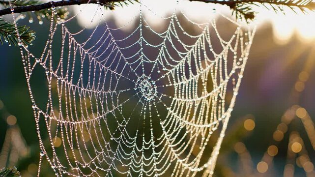 Intricate spider web covered in morning dew with sunlight backlight