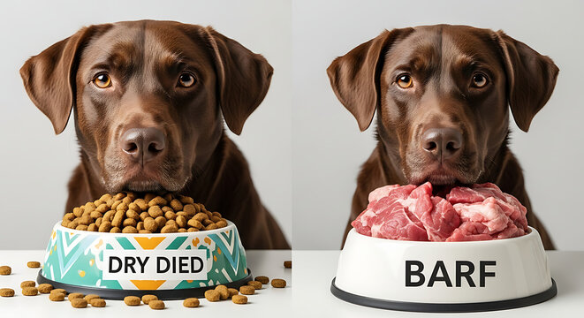 Adorable Brown Canine Sitting Between Two Bowls Comparing Traditional Dry Kibble and Fresh Raw Meat BARF Diet Nutrition Choices for Healthy Pet Feeding Comparison and Selection Dilemma
