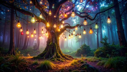 Fototapeta premium An ancient, gnarled tree in a mystical forest adorned with countless glowing light bulbs instead of fruit.