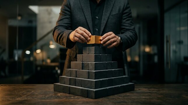 Business leadership and corporate structure success concept with businessman placing golden block at top of dark pyramid