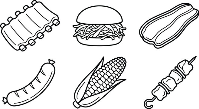 Set of barbecue and grilling food icons featuring popular summer meal elements in a simple black and white outline vector style perfect for restaurant menus web design and cooking apps