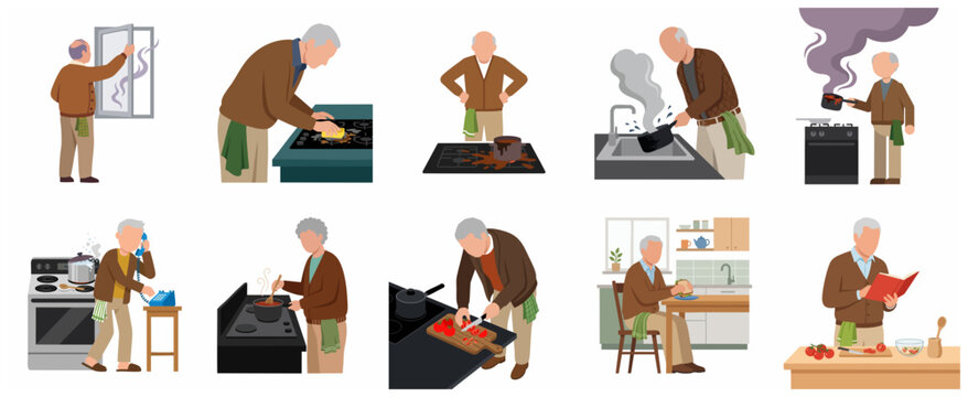Senior Man Cooking and Dealing with Kitchen Mishaps Vector Illustration Set
