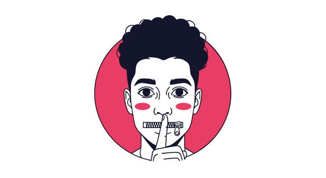 Young man with a zipper over his mouth and a finger over his lips signifying silence secrecy and keeping a promise.