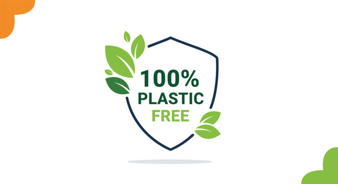 Eco friendly label with green leaves on a shield stating one hundred percent plastic free for sustainable packaging.