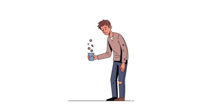 Poor man stands in ragged clothes holding a cup for spare change with coins falling in to depict poverty and homelessness.