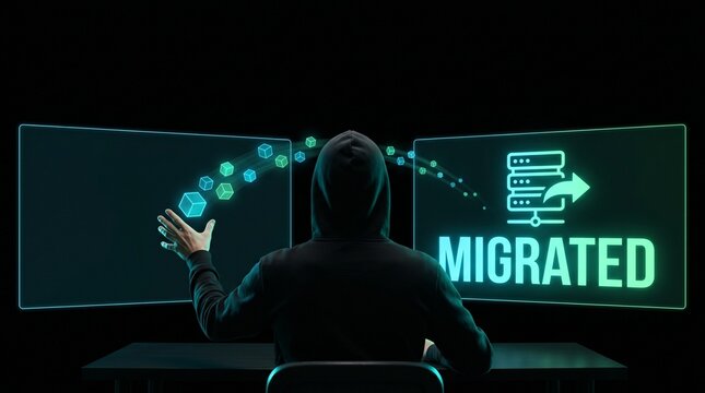 Premium Back View Hacker Tossing AR Data Packets Panels MIGRATED Hologram Copyspace