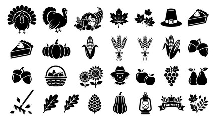 Autumn harvest icon collection with Thanksgiving turkey and seasonal symbols © Shohel