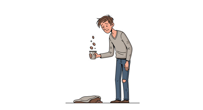 Struggling man in worn clothing holds out a cup for donations while standing on the street depicting social issues and poverty.