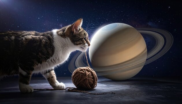 A Whimsical House Cat Casually Plays with the Planet Saturn as if it Were a Ball of Yarn in Outer Space