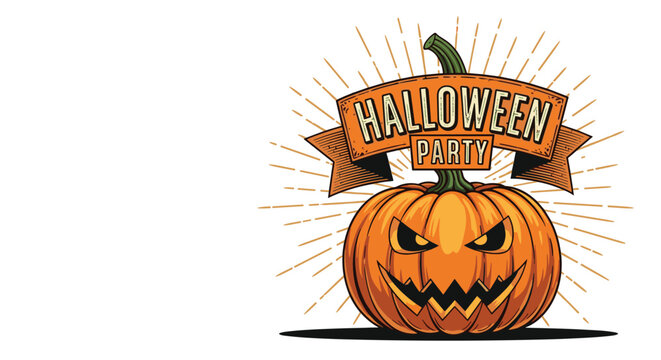 Vintage style Halloween party emblem features a spooky carved pumpkin with a banner and sunburst lines for holiday celebrations.