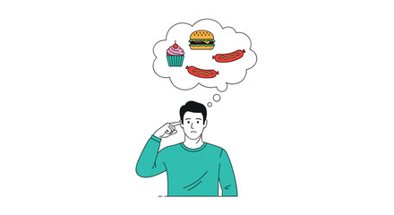 Fototapeta premium Man thinking about various junk food items like burgers, cupcakes, and hot dogs in a thought bubble to represent food cravings.