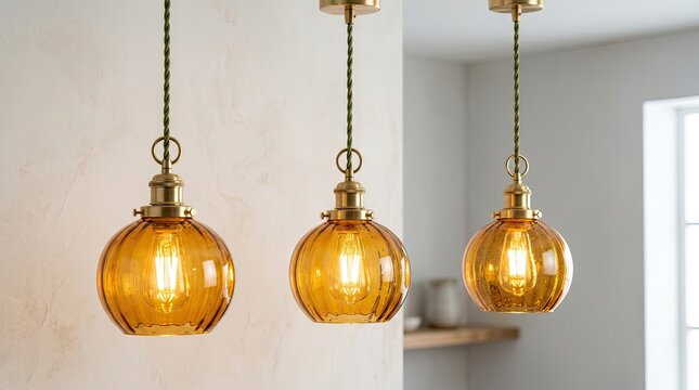 Amber glass pendant lights with brass fixtures