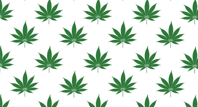 Seamless pattern design featuring green marijuana leaves on a white background symbolizing cannabis culture and legalization.
