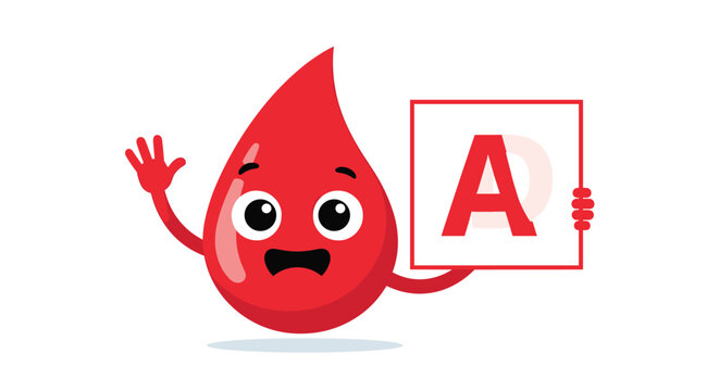 Cute cartoon blood drop character holding a white card with the letter A representing blood type and donation awareness.