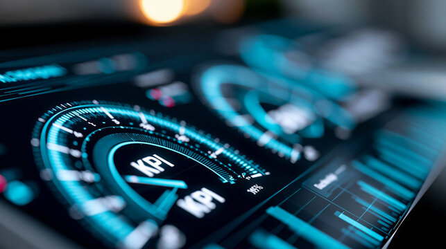 Digital KPI analytics performance dashboard with gauge indicators and productivity measurement metrics, strategic management evaluation concept, defocused background, with copy