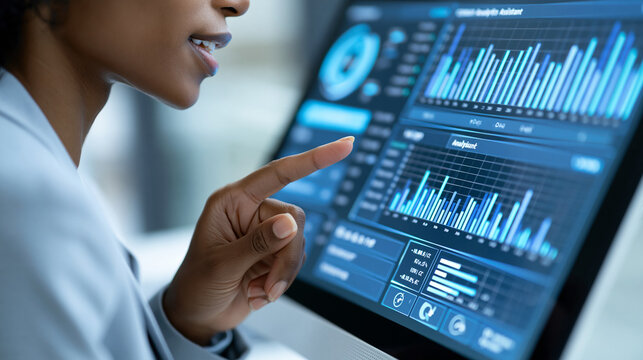Anonymous business professional using voice commands to interact with an AI-powered analytics assistant on a smart display, future of business intelligence concept, faceless,