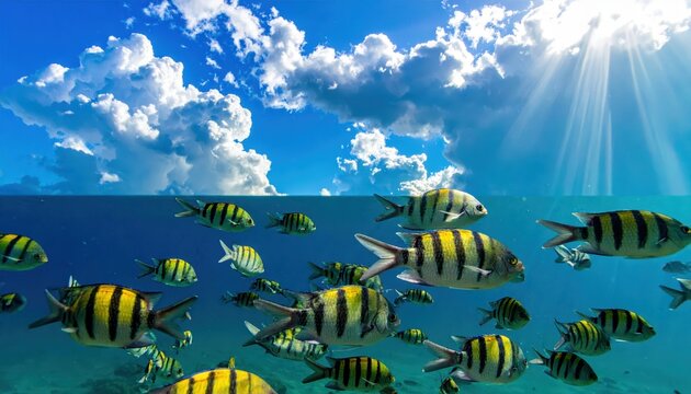 A Vibrant School of Striped Fish Swimming Gracefully Through Bright Blue Ocean Waters Under a Cloudy Sky
