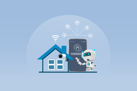 AI chat Robot control smart home automation. on digital device Artificial Intelligence technology as assistant for smart security control in electric appliances in house.