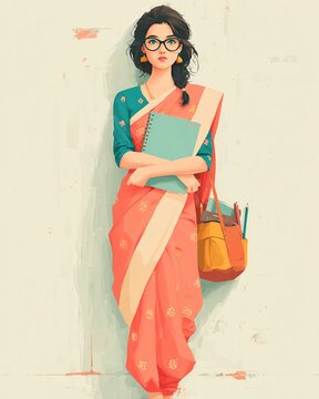 Vector illustration of Indian teacher in traditional attire with school tools, flat cartoon backdrop