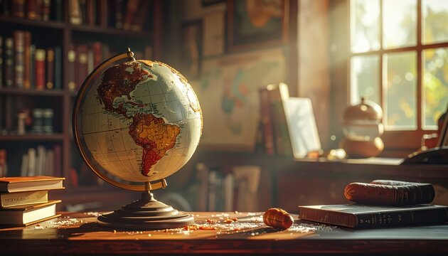 An old dusty globe on a wooden desk bathed in warm sunlight, surrounded by books and maps