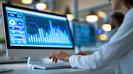 Fototapeta premium Anonymous analyst using a big data dashboard with performance evaluation charts and KPI metrics, data science and business intelligence concept, faceless, defocused modern office