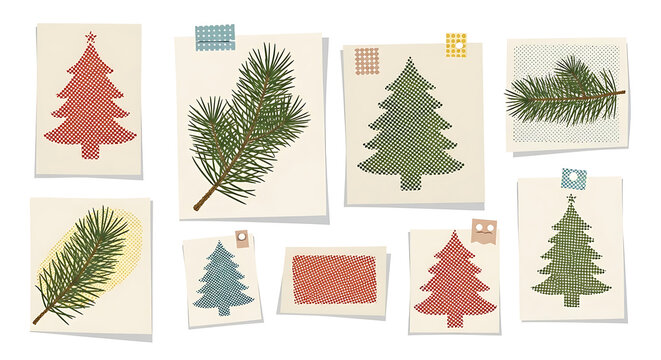 Holiday halftone collage element set featuring paper clippings of Christmas trees and pine branches with vintage dot texture in a modern retro mixed media vector style on white background