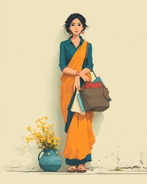 Vector illustration of Indian teacher in traditional attire with school tools, flat cartoon backdrop