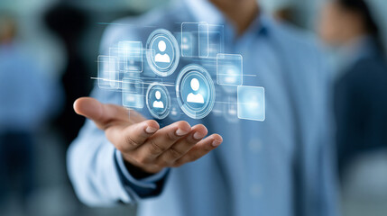 Fototapeta premium Anonymous business professional presenting a CRM interface with floating digital icons, customer relationship management and strategic engagement concept, faceless, defocused,
