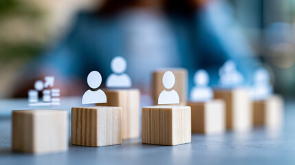 Naklejka na ściany i meble Abstract succession planning concept with strategic leadership transition blocks and capital management icons, corporate strategy and business continuity concept, defocused, with