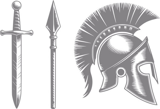 Ancient spartan warrior helmet, sword, and spear emblem