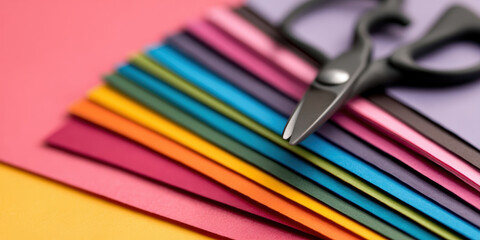 Fototapeta premium pair of black scissors rests on neatly stacked colorful sheets of paper arranged on a pink background.