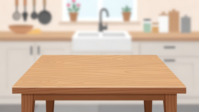 Empty wooden kitchen table with modern kitchen background featuring sink cabinets potted plants and utensils