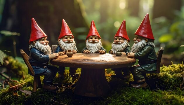 Five garden gnomes in red hats gathered around a table for a serious business meeting in a forest setting