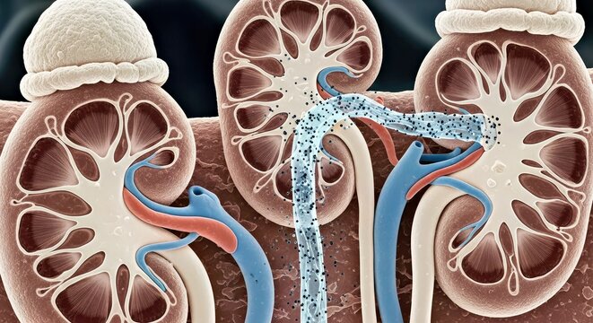 Anatomical Illustration of Human Kidneys Connected by Ureter With Blood Vessels and Nephrons Highlighted