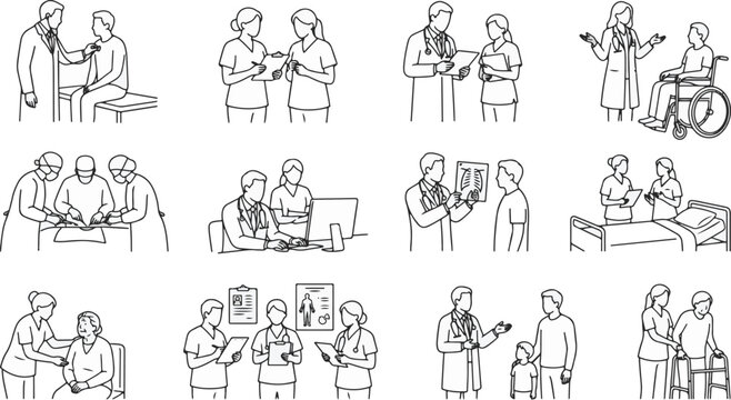 Large set of doctors, nurses, and patients in various hospital scenes. Healthcare professionals in different positions, contours. Medical line art illustration.
