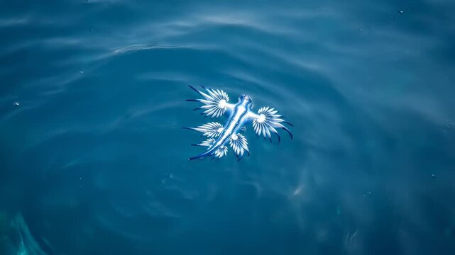 Blue Dragon Sea Slug Glaucus Atlanticus Floating on Deep Blue Ocean Surface