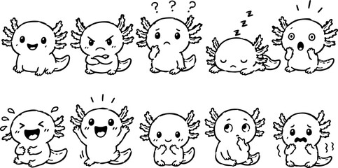 Fototapeta premium Axolotl Doodle Set Hand Drawn Cute Cartoon Salamander Characters Collection Isolated Vector Illustration