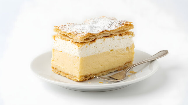 Traditional Croatian Krem&scaron;nita, a delicious vanilla custard and whipped cream slice with puff pastry, isolated on white background