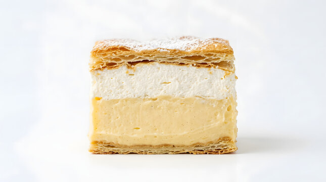 Traditional Croatian Krem&scaron;nita, a delicious vanilla custard and whipped cream slice with puff pastry, isolated on white background
