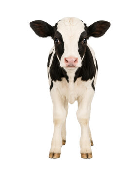 Front view of a black and white dairy calf standing and looking at the camera, isolated on a white background. Young farm animal portrait with an adorable expression, suitable for agriculture