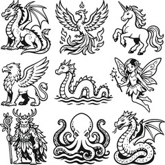Naklejka premium Mythical Creatures Vector Set Featuring Dragon Phoenix Unicorn Griffin Sea Serpent Fairy Forest Spirit Kraken and Basilisk in Black and White